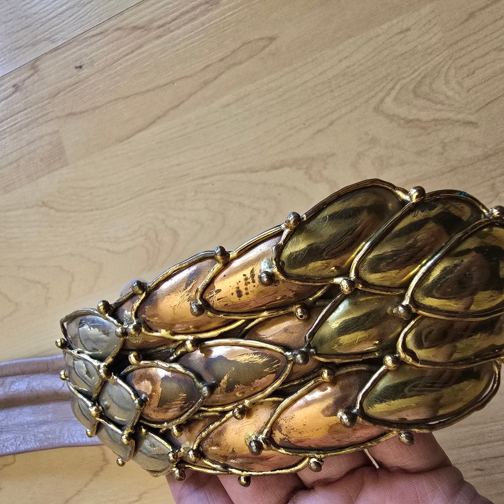 Vintage Mixed Metal Scale Buckle Leather Belt‎ Mauve Tan Statement Accessory - Picture 7 of 8